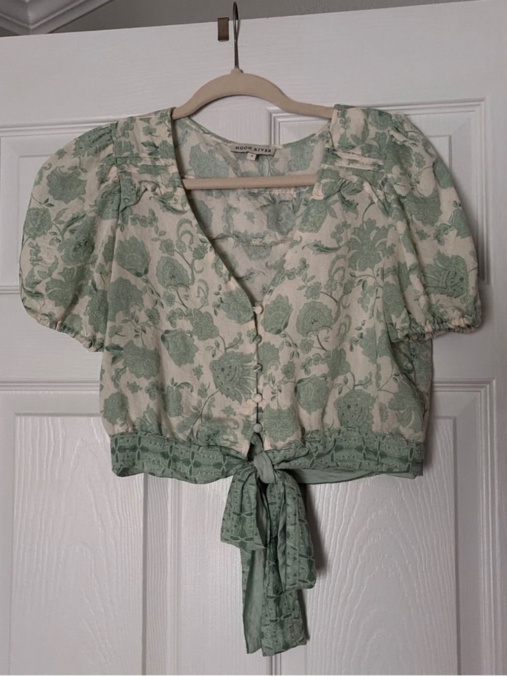 Moon River Cream and Sage Green Floral Tie-Waist Puff Sleeve Top